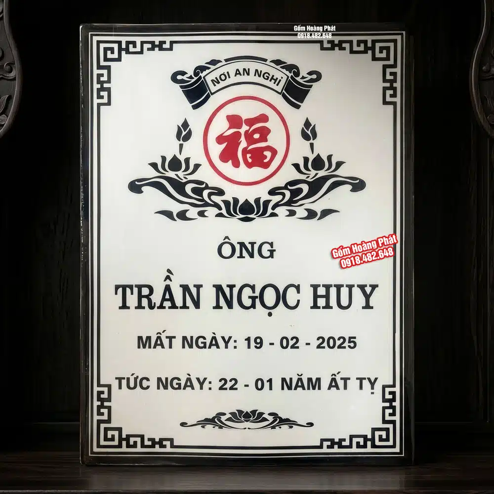 Bia mộ sứ không ảnh nền trắng, chữ đen