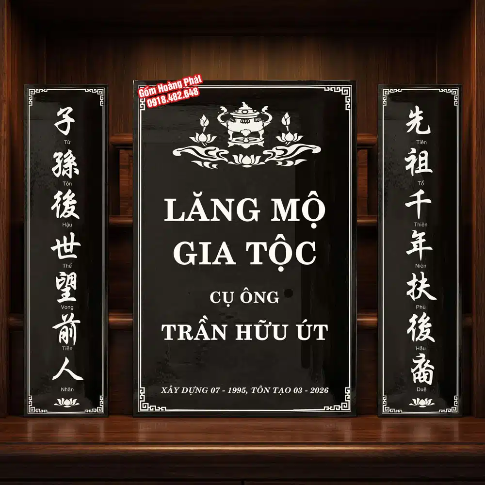 Bia mộ cho lăng mộ gia tộc chữ Hán, nền đen, chữ trắng