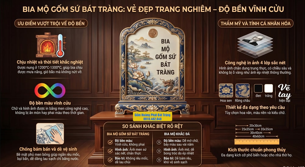 Bia mộ gốm sứ Bát Tràng, gốm Hoàng Phát
