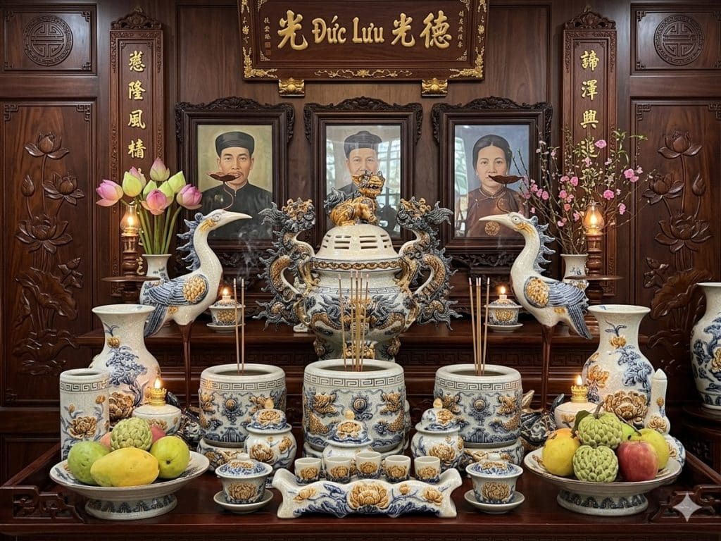Bộ đồ thờ men rạn đắp nổi cao cấp Bát Tràng