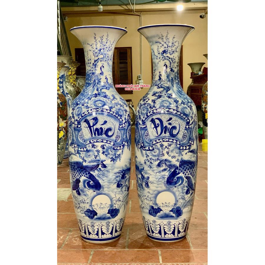 Lục bình sứ Phúc Đức men lam kỹ cao cấp 1m4