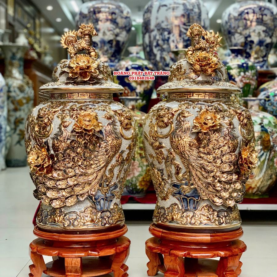 Chóe công danh phú quý men rạn đắp nổi vẽ vàng 24k