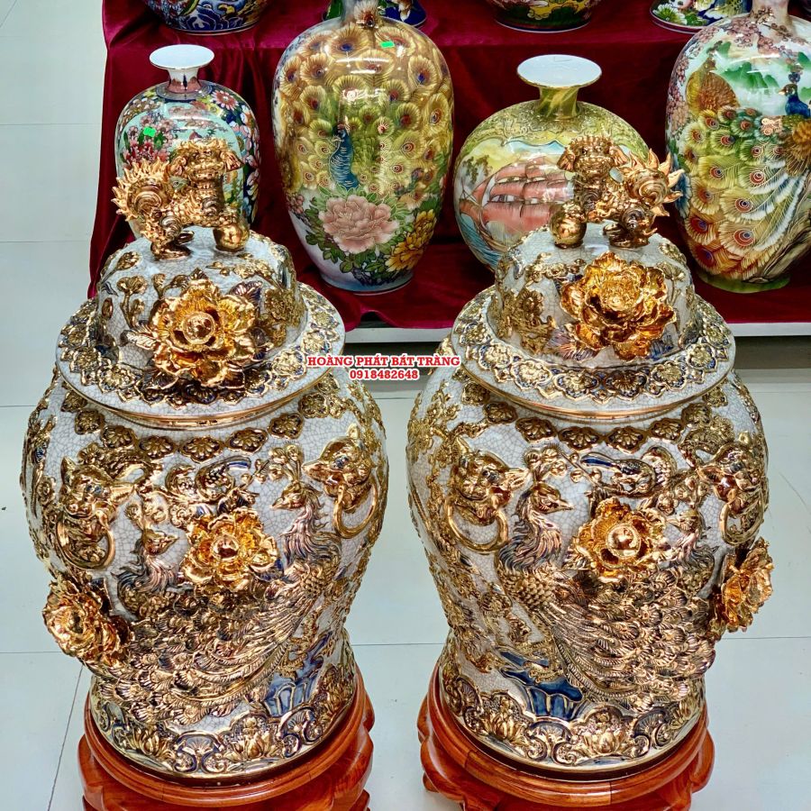 Chóe công danh phú quý men rạn đắp nổi vẽ vàng 24k