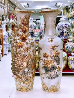 Lục bình sứ công danh phú quý men rạn đắp nổi kênh vẽ vàng 24k LBMR21