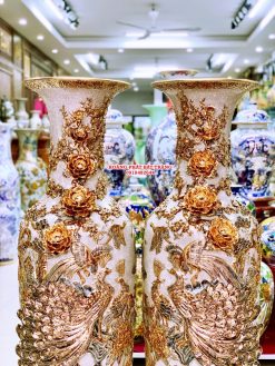 Lục bình sứ công danh phú quý men rạn đắp nổi kênh vẽ vàng 24k LBMR21