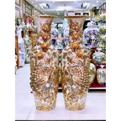 Lục bình sứ công danh phú quý men rạn đắp nổi kênh vẽ vàng 24k LBMR21