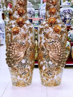 Lục bình sứ công danh phú quý men rạn đắp nổi kênh vẽ vàng 24k LBMR21