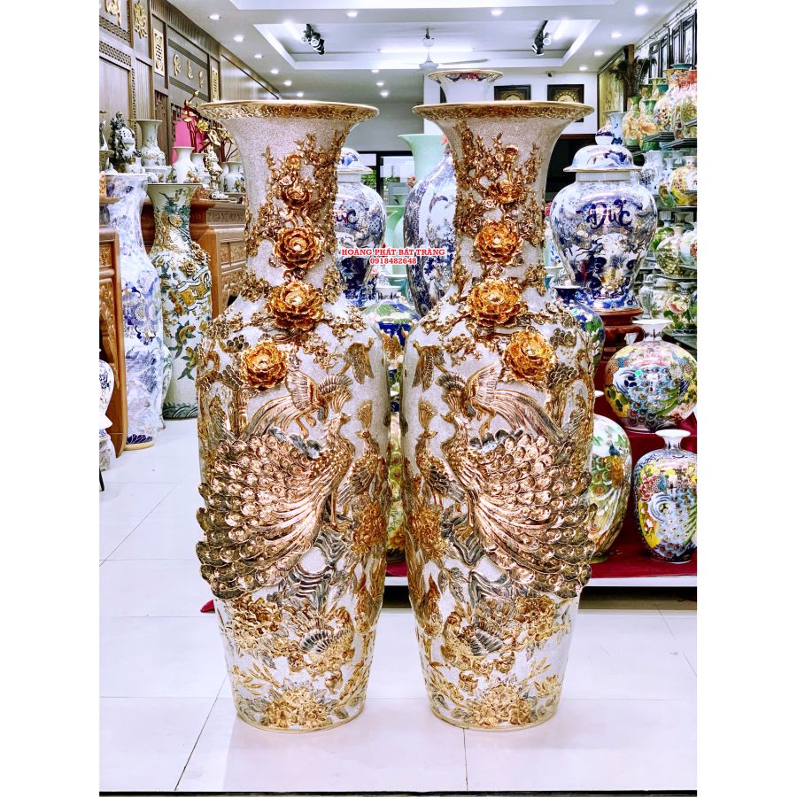 Lục bình sứ công danh phú quý men rạn đắp nổi kênh vẽ vàng 24k LBMR21