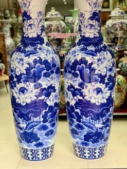 Lục bình sứ hoa sen men lam khử 1m4