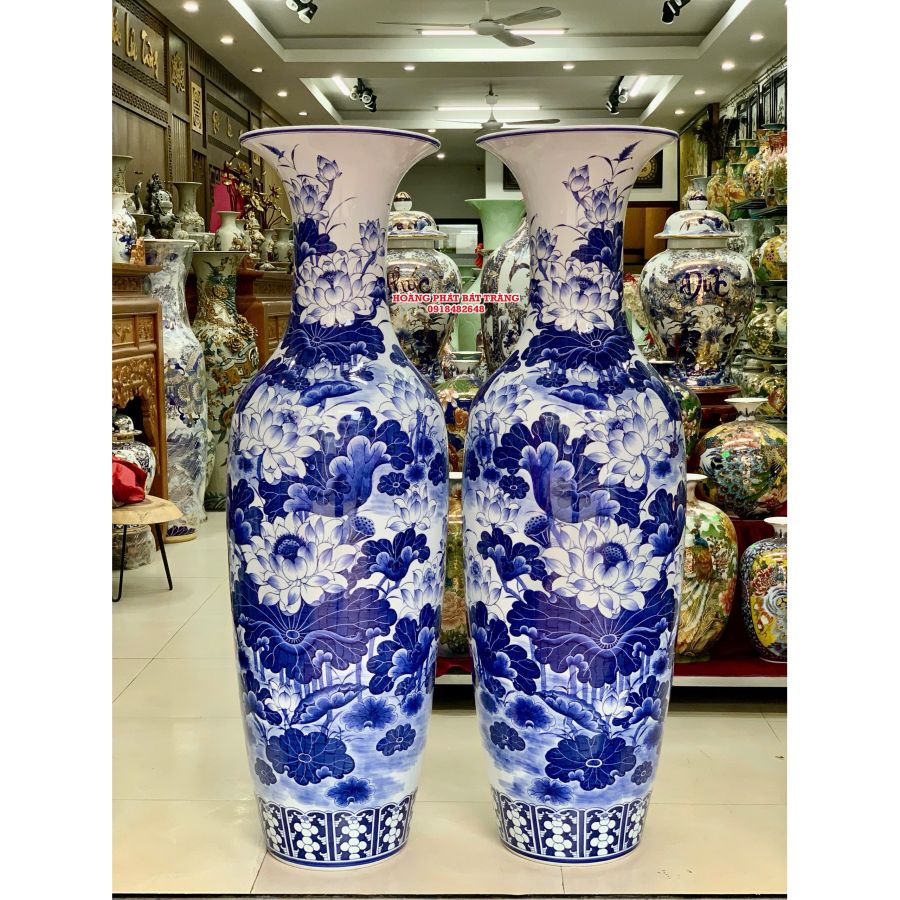 Lục bình sứ hoa sen men lam khử 1m4