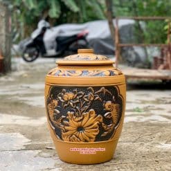 Hũ gạo sành sen cá vàng khung tròn