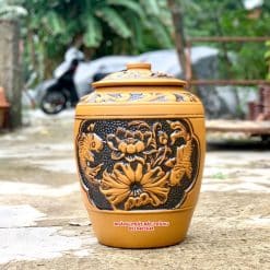 Hũ gạo sành sen cá vàng khung tròn