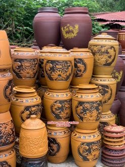 Hũ gạo sành sen cá vàng khung tròn