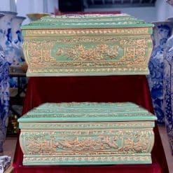 Quách tiểu sứ hoa sen xanh ngọc vẽ vàng kim 24k QTSU463