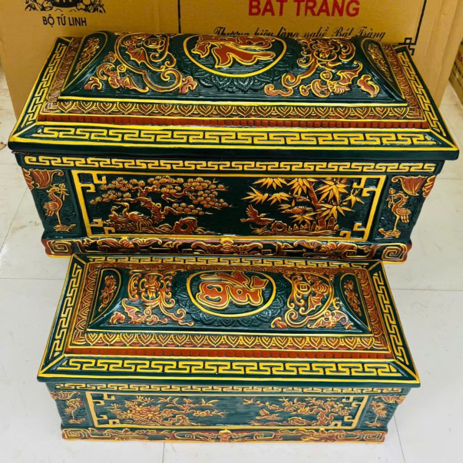 Quách tiểu sành tứ bình vạn phúc xanh lục vẽ nhũ vàng cỡ Đại QTSA110